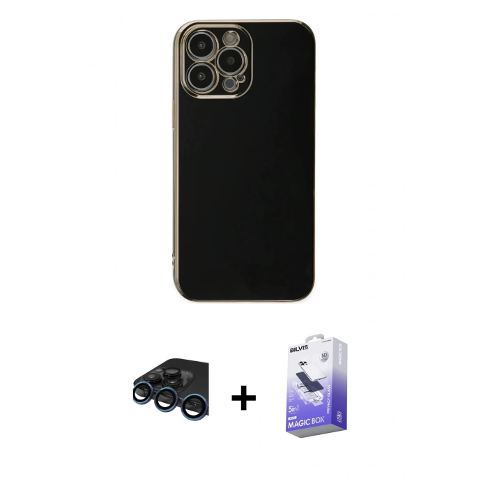 MARSİLYAN™- iPhone 15 Pro Max Kılıf Yankı Serisi - Siyah Bilvis 5in1 5D Magic Hayalet Cam Ekran Koruyucu + Raze Metal Kamera Lens - LT