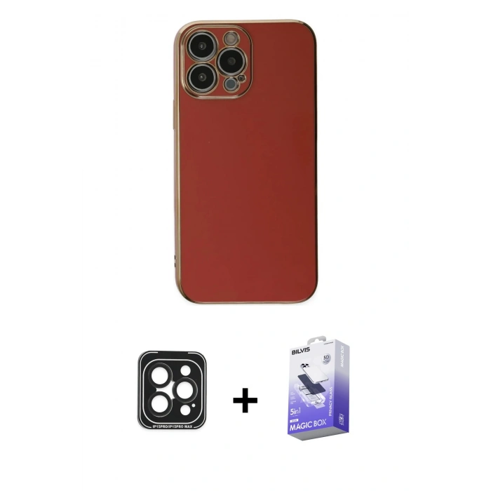 MARSİLYAN™- iPhone 15 Pro Max Kılıf Yankı Serisi - Siyah Bilvis 5in1 5D Magic Hayalet Cam Ekran Koruyucu + PVD Metal Kamera Lens - SH
