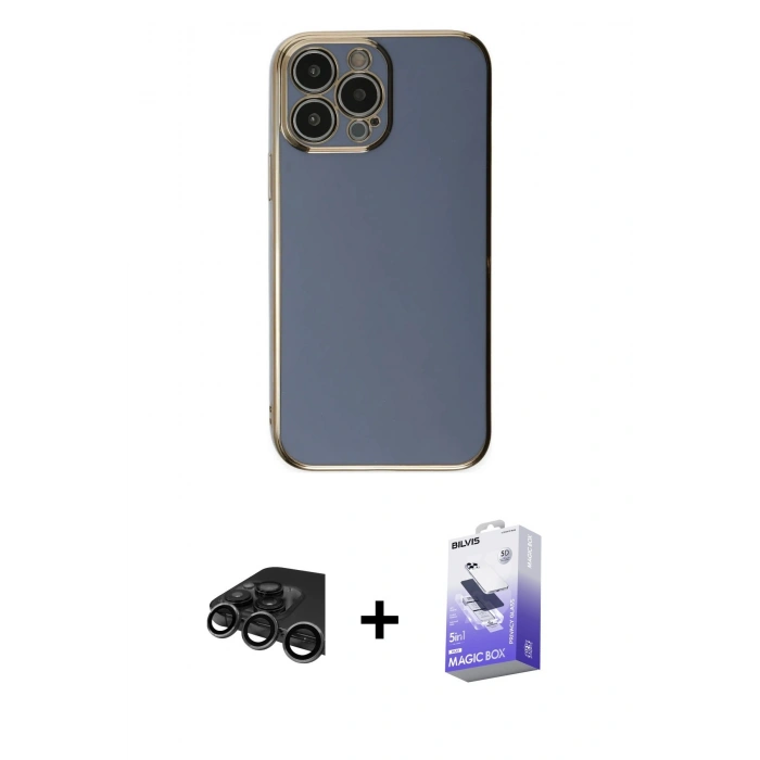 MARSİLYAN™- iPhone 15 Pro Max Kılıf Yankı Serisi - Siyah Bilvis 5in1 5D Magic Hayalet Cam Ekran Koruyucu + Titanyum Gri Raze Metal Kamera Lens