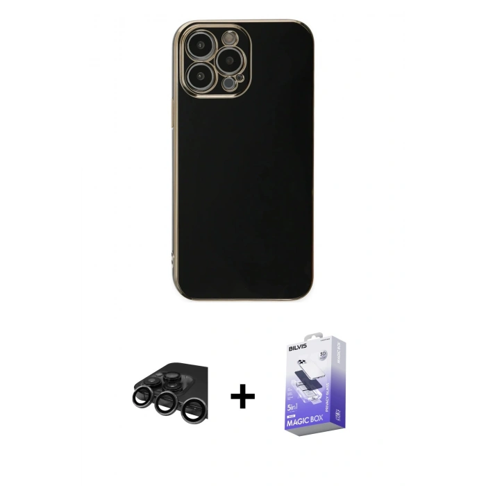 MARSİLYAN™- iPhone 15 Pro Max Kılıf Yankı Serisi - Siyah Bilvis 5in1 5D Magic Hayalet Cam Ekran Koruyucu + Titanyum Gri Raze Metal Kamera Lens