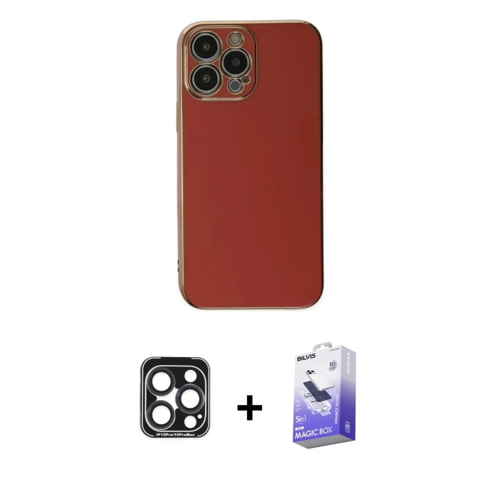 MARSİLYAN™- iPhone 15 Pro Max Kılıf Yankı Serisi - Siyah Bilvis 5in1 5D Magic Hayalet Cam Ekran Koruyucu + PVD Metal Kamera Lens - LT