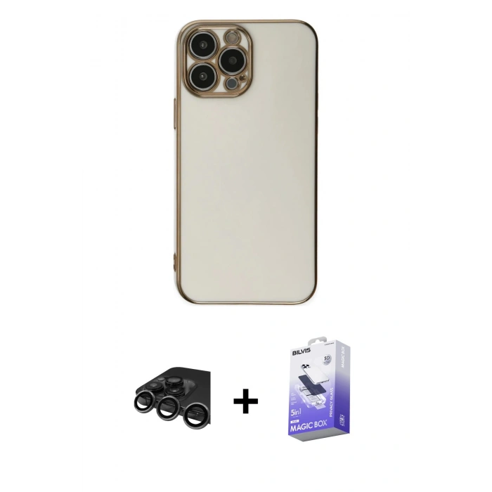 MARSİLYAN™- iPhone 15 Pro Max Kılıf Yankı Serisi - Siyah Bilvis 5in1 5D Magic Hayalet Cam Ekran Koruyucu + Titanyum Gri Raze Metal Kamera Lens