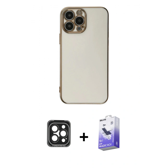 MARSİLYAN™- iPhone 15 Pro Max Kılıf Yankı Serisi - Siyah Bilvis 5in1 5D Magic Hayalet Cam Ekran Koruyucu + PVD Metal Kamera Lens - SH