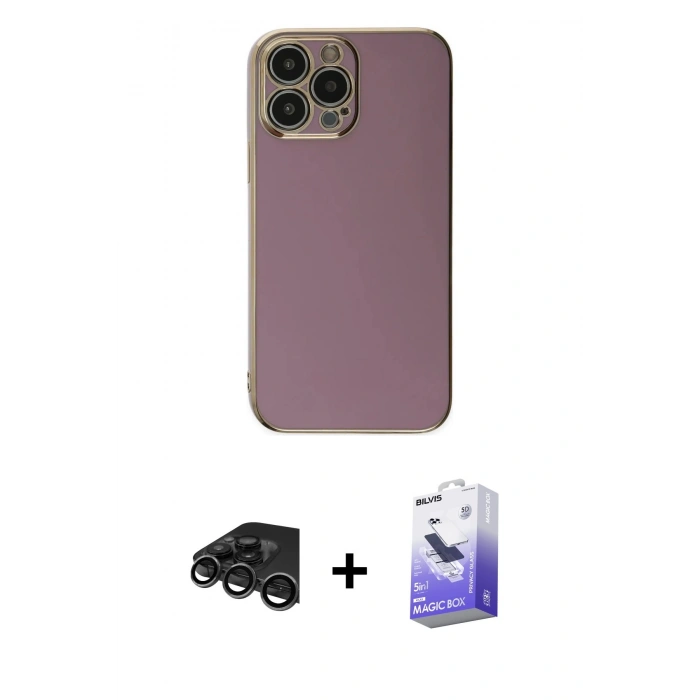 MARSİLYAN™- iPhone 15 Pro Max Kılıf Yankı Serisi - Siyah Bilvis 5in1 5D Magic Hayalet Cam Ekran Koruyucu + Titanyum Gri Raze Metal Kamera Lens