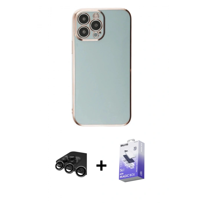 MARSİLYAN™- iPhone 15 Pro Max Kılıf Yankı Serisi - Siyah Bilvis 5in1 5D Magic Hayalet Cam Ekran Koruyucu + Titanyum Gri Raze Metal Kamera Lens