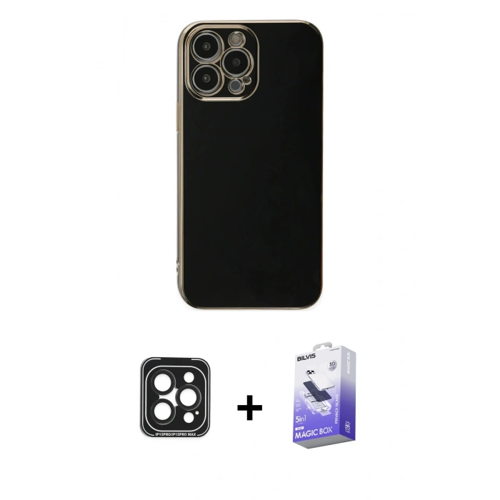 MARSİLYAN™- iPhone 15 Pro Max Kılıf Yankı Serisi - Siyah Bilvis 5in1 5D Magic Hayalet Cam Ekran Koruyucu + PVD Metal Kamera Lens - SH