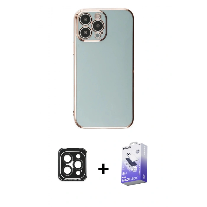MARSİLYAN™- iPhone 15 Pro Max Kılıf Yankı Serisi - Siyah Bilvis 5in1 5D Magic Hayalet Cam Ekran Koruyucu + PVD Metal Kamera Lens - SH