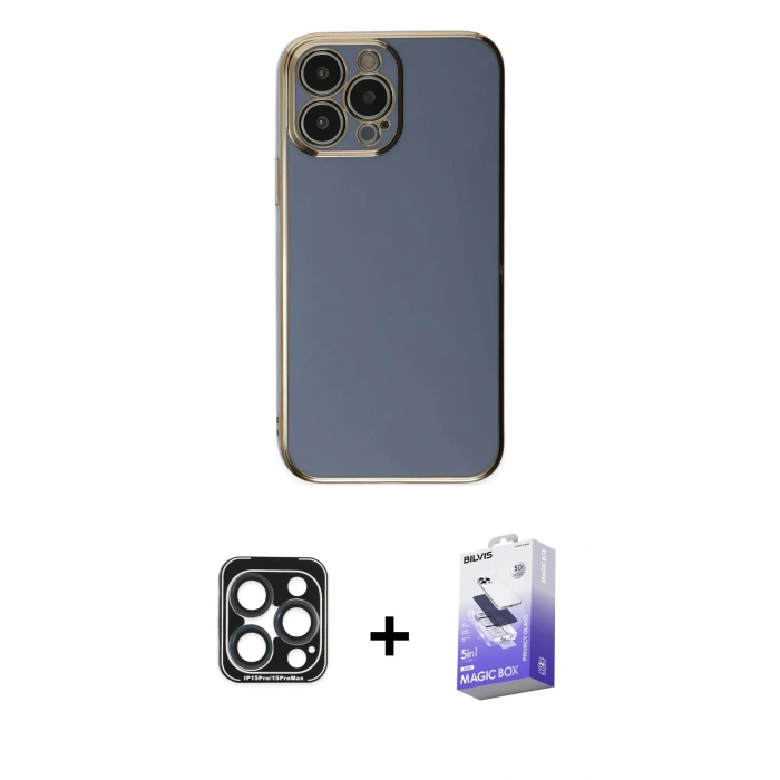 MARSİLYAN™- iPhone 15 Pro Max Kılıf Yankı Serisi - Siyah Bilvis 5in1 5D Magic Hayalet Cam Ekran Koruyucu + PVD Metal Kamera Lens - LT