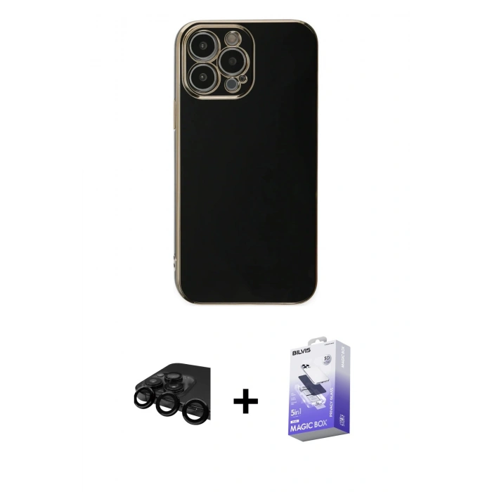 MARSİLYAN™- iPhone 15 Pro Max Kılıf Yankı Serisi - Siyah Bilvis 5in1 5D Magic Hayalet Cam Ekran Koruyucu + Raze Metal Kamera Lens - SH