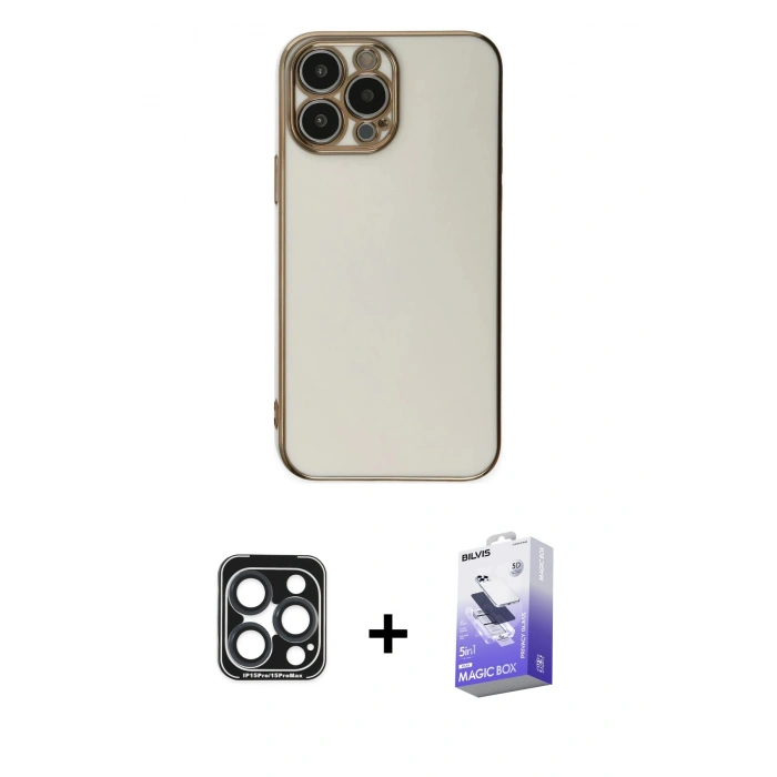 MARSİLYAN™- iPhone 15 Pro Max Kılıf Yankı Serisi - Siyah Bilvis 5in1 5D Magic Hayalet Cam Ekran Koruyucu + PVD Metal Kamera Lens - LT