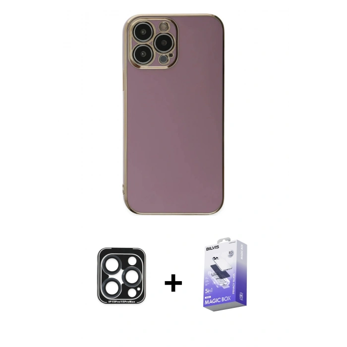MARSİLYAN™- iPhone 15 Pro Max Kılıf Yankı Serisi - Siyah Bilvis 5in1 5D Magic Hayalet Cam Ekran Koruyucu + PVD Metal Kamera Lens - LT