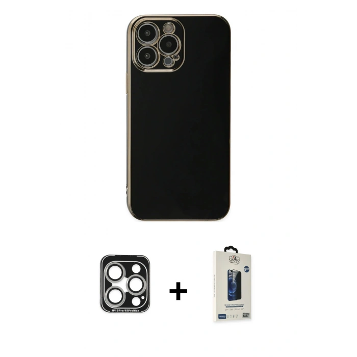 MARSİLYAN™- iPhone 15 Pro Max Kılıf Yankı Serisi - Siyah Bilvis Hayalet Cam Ekran Koruyucu + PVD Metal Kamera Lens - GS