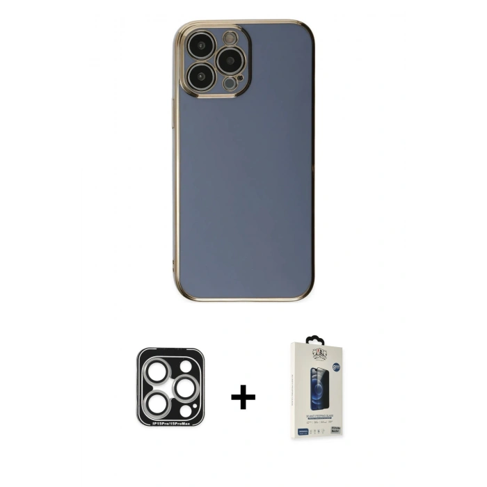 MARSİLYAN™- iPhone 15 Pro Max Kılıf Yankı Serisi - Siyah Bilvis Hayalet Cam Ekran Koruyucu + PVD Metal Kamera Lens - GS