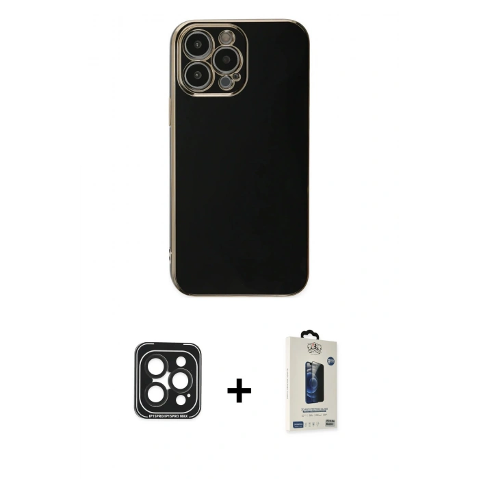 MARSİLYAN™- iPhone 15 Pro Max Kılıf Yankı Serisi - Siyah Bilvis Hayalet Cam Ekran Koruyucu + PVD Metal Kamera Lens - SH