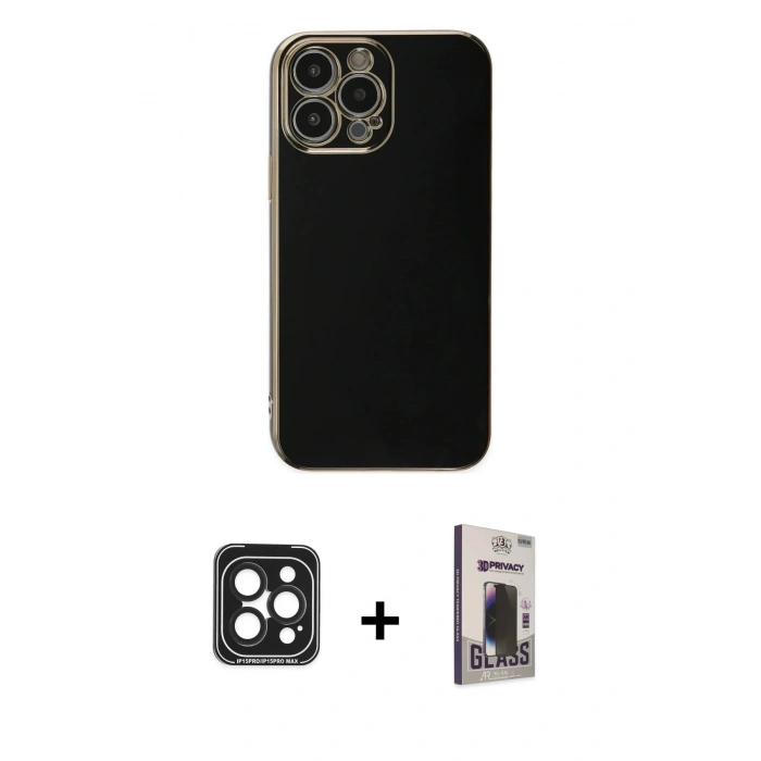 MARSİLYAN™- iPhone 15 Pro Max Kılıf Yankı Serisi - Siyah Bilvis Hayalet Cam Ekran Koruyucu + PVD Metal Kamera Lens - SH