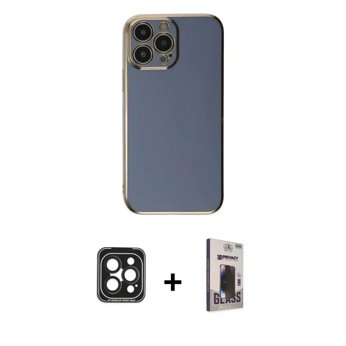 MARSİLYAN™- iPhone 15 Pro Max Kılıf Yankı Serisi - Siyah Bilvis Hayalet Cam Ekran Koruyucu + PVD Metal Kamera Lens - SH
