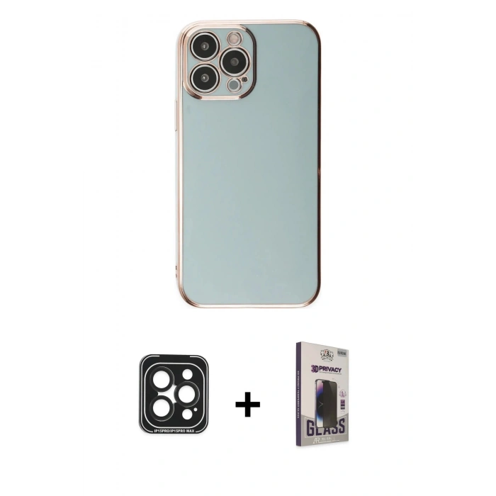 MARSİLYAN™- iPhone 15 Pro Max Kılıf Yankı Serisi - Siyah Bilvis Hayalet Cam Ekran Koruyucu + PVD Metal Kamera Lens - SH