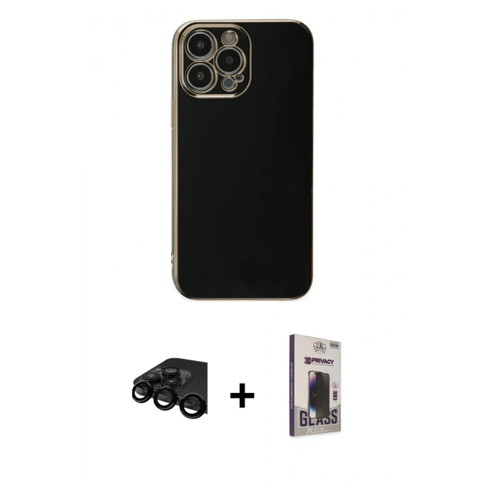 MARSİLYAN™- iPhone 15 Pro Max Kılıf Yankı Serisi - Siyah Bilvis Hayalet Cam Ekran Koruyucu + Raze Metal Kamera Lens - SH