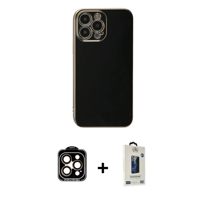 MARSİLYAN™- iPhone 15 Pro Max Kılıf Yankı Serisi - Siyah Bilvis Hayalet Cam Ekran Koruyucu + PVD Metal Kamera Lens - TU