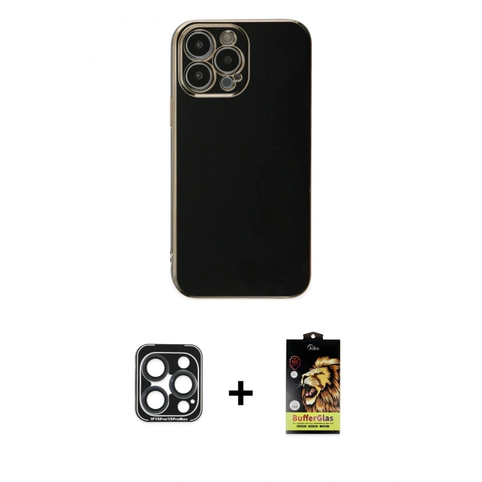 MARSİLYAN™- iPhone 15 Pro Max Kılıf Yankı Serisi - Siyah Buffer Cam Ekran Koruyucu + PVD Metal Kamera Lens - LT