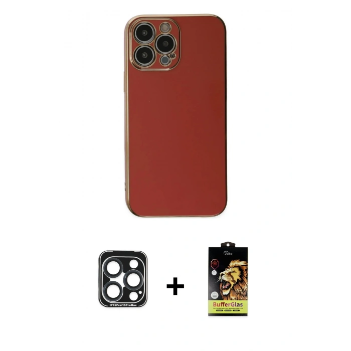 MARSİLYAN™- iPhone 15 Pro Max Kılıf Yankı Serisi - Siyah Buffer Cam Ekran Koruyucu + PVD Metal Kamera Lens - LT