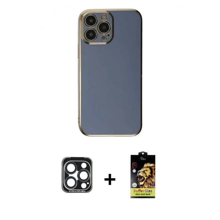 MARSİLYAN™- iPhone 15 Pro Max Kılıf Yankı Serisi - Siyah Buffer Cam Ekran Koruyucu + PVD Metal Kamera Lens - LT