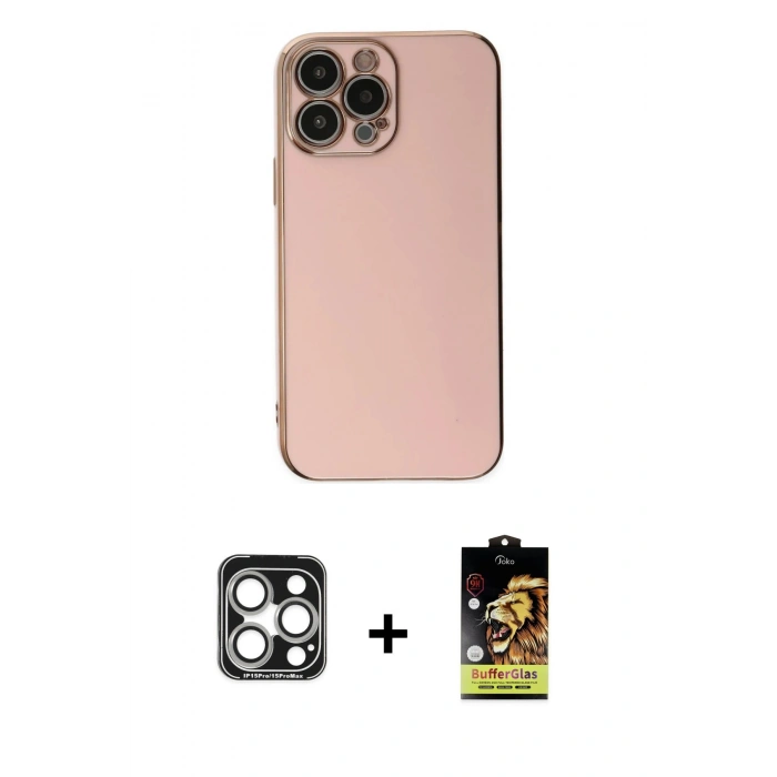 MARSİLYAN™- iPhone 15 Pro Max Kılıf Yankı Serisi - Siyah Buffer Cam Ekran Koruyucu + PVD Metal Kamera Lens - GS