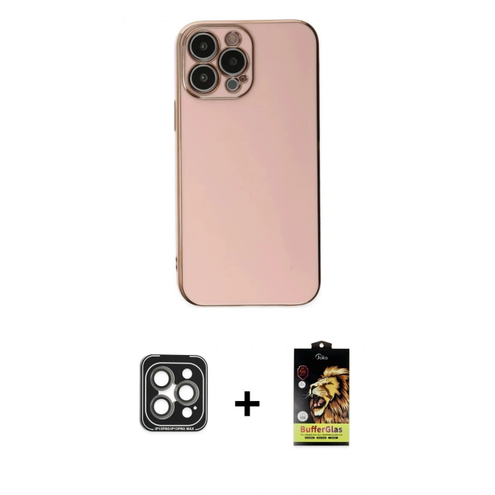MARSİLYAN™- iPhone 15 Pro Max Kılıf Yankı Serisi - Siyah Buffer Cam Ekran Koruyucu + PVD Metal Kamera Lens - GI