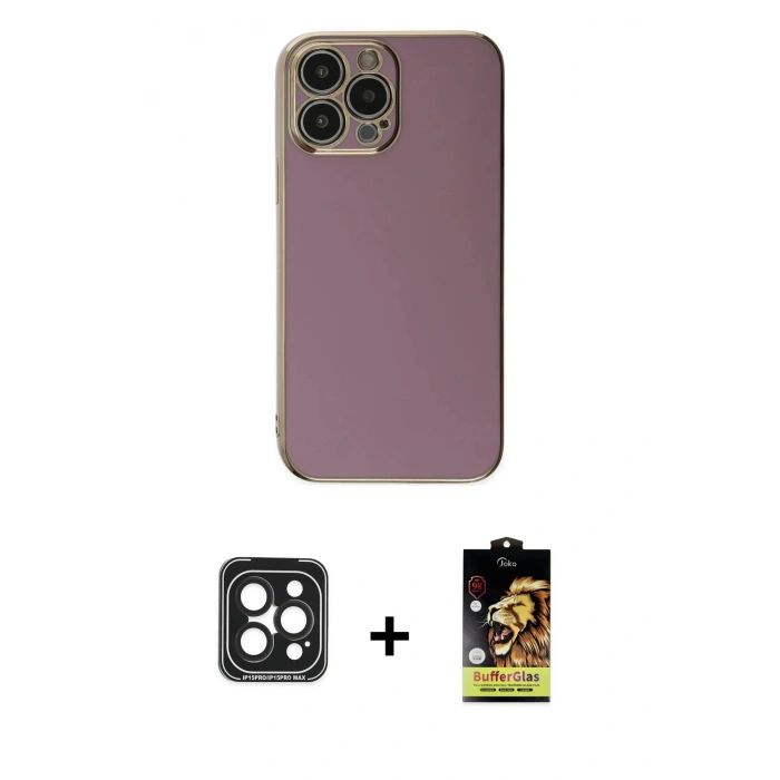 MARSİLYAN™- iPhone 15 Pro Max Kılıf Yankı Serisi - Siyah Buffer Cam Ekran Koruyucu + PVD Metal Kamera Lens - SH