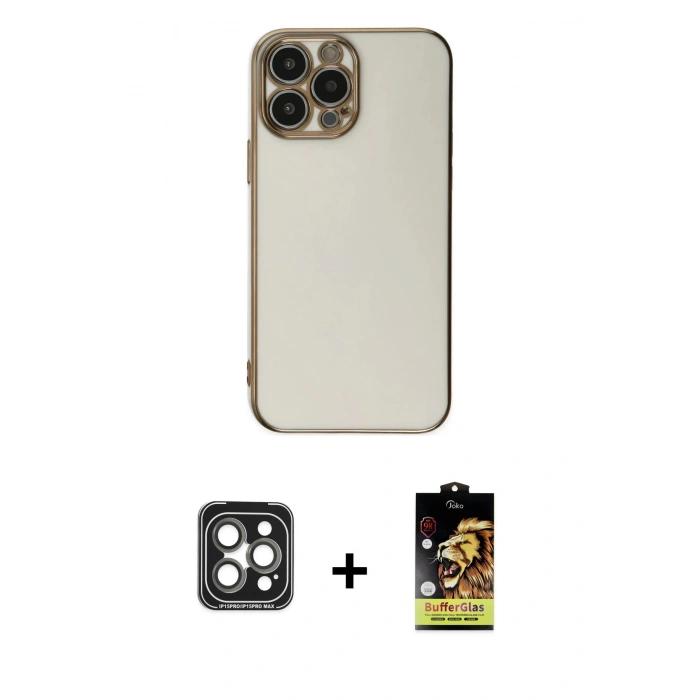 MARSİLYAN™- iPhone 15 Pro Max Kılıf Yankı Serisi - Siyah Buffer Cam Ekran Koruyucu + PVD Metal Kamera Lens - GI