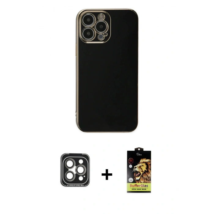MARSİLYAN™- iPhone 15 Pro Max Kılıf Yankı Serisi - Siyah Buffer Cam Ekran Koruyucu + PVD Metal Kamera Lens - GI