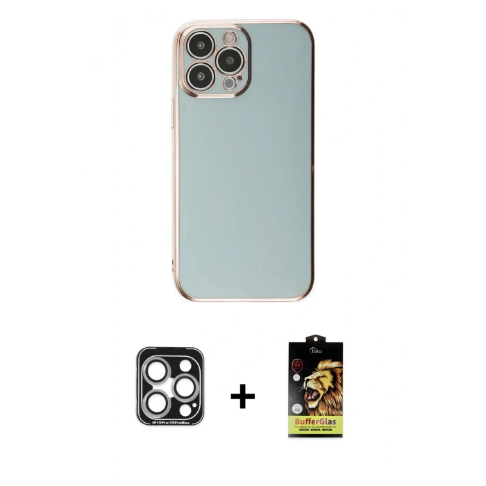 MARSİLYAN™- iPhone 15 Pro Max Kılıf Yankı Serisi - Siyah Buffer Cam Ekran Koruyucu + PVD Metal Kamera Lens - GS
