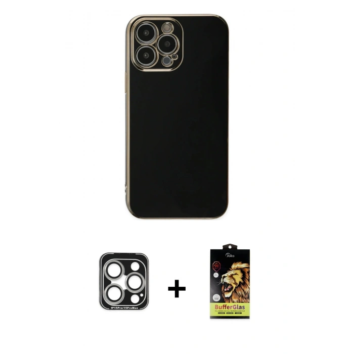 MARSİLYAN™- iPhone 15 Pro Max Kılıf Yankı Serisi - Siyah Buffer Cam Ekran Koruyucu + PVD Metal Kamera Lens - GS