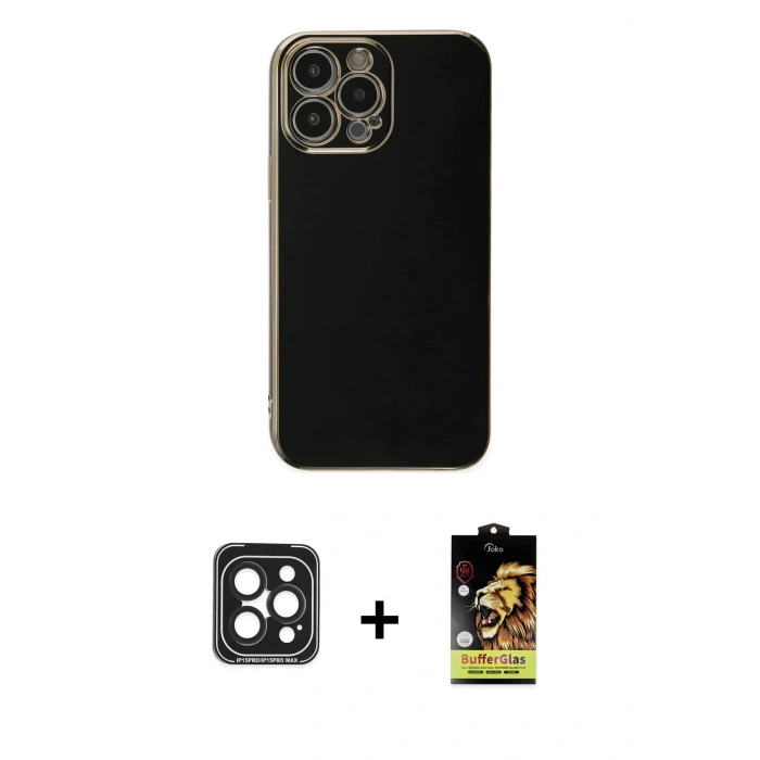 MARSİLYAN™- iPhone 15 Pro Max Kılıf Yankı Serisi - Siyah Buffer Cam Ekran Koruyucu + PVD Metal Kamera Lens - SH