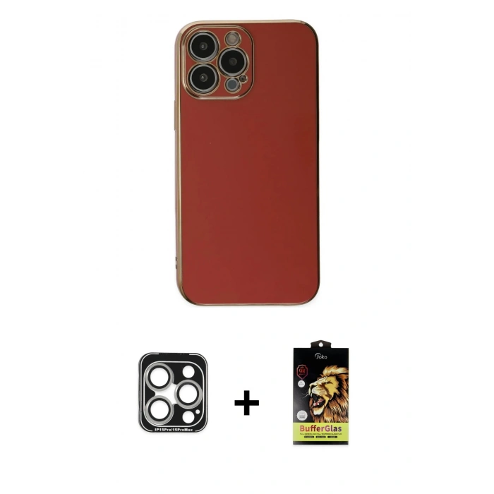 MARSİLYAN™- iPhone 15 Pro Max Kılıf Yankı Serisi - Siyah Buffer Cam Ekran Koruyucu + PVD Metal Kamera Lens - GS