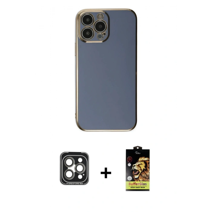 MARSİLYAN™- iPhone 15 Pro Max Kılıf Yankı Serisi - Siyah Buffer Cam Ekran Koruyucu + PVD Metal Kamera Lens - GI