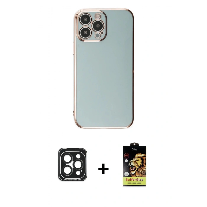 MARSİLYAN™- iPhone 15 Pro Max Kılıf Yankı Serisi - Siyah Buffer Cam Ekran Koruyucu + PVD Metal Kamera Lens - SH