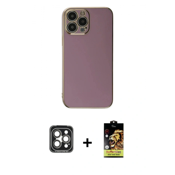 MARSİLYAN™- iPhone 15 Pro Max Kılıf Yankı Serisi - Siyah Buffer Cam Ekran Koruyucu + PVD Metal Kamera Lens - GI
