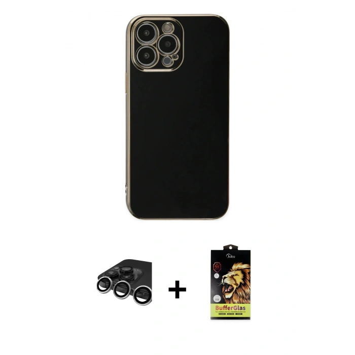 MARSİLYAN™- iPhone 15 Pro Max Kılıf Yankı Serisi - Siyah Buffer Cam Ekran Koruyucu + Raze Metal Kamera Lens - GS