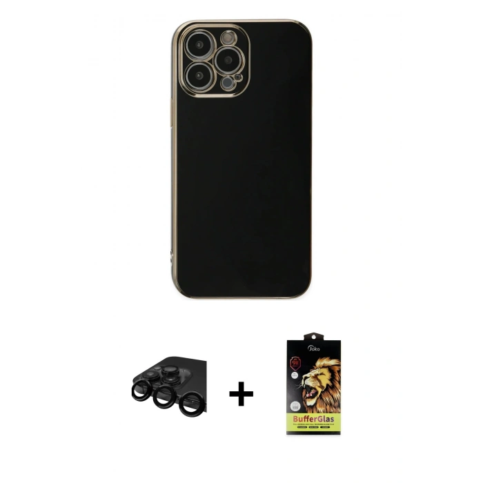 MARSİLYAN™- iPhone 15 Pro Max Kılıf Yankı Serisi - Siyah Buffer Cam Ekran Koruyucu + Raze Metal Kamera Lens - SH