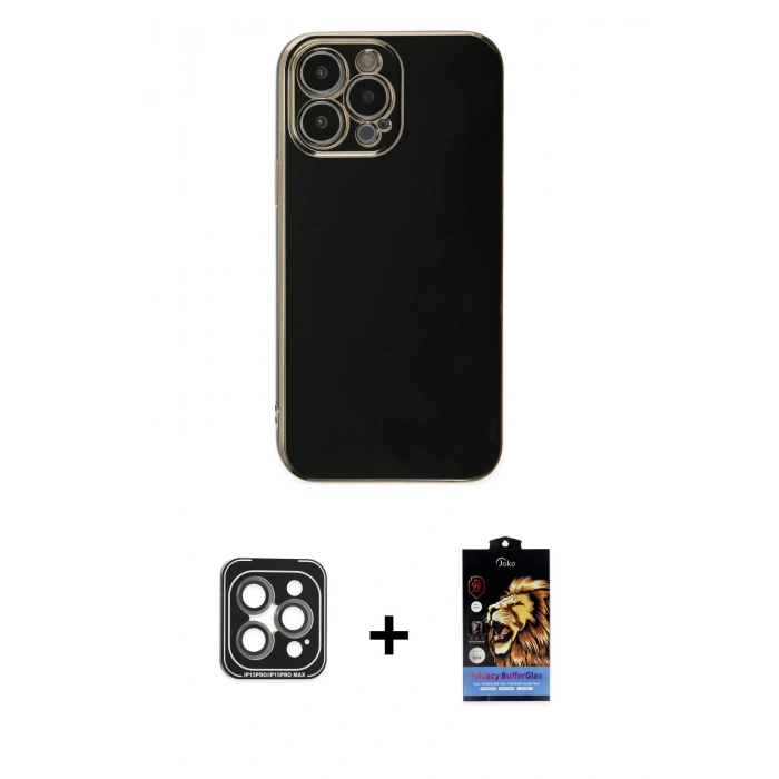 MARSİLYAN™- iPhone 15 Pro Max Kılıf Yankı Serisi - Siyah Buffer Hayalet Cam Ekran Koruyucu + PVD Metal Kamera Lens - GI