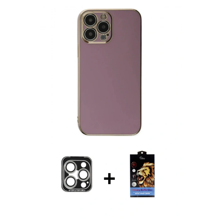 MARSİLYAN™- iPhone 15 Pro Max Kılıf Yankı Serisi - Siyah Buffer Hayalet Cam Ekran Koruyucu + Gümüş PVD Metal Kamera Lens