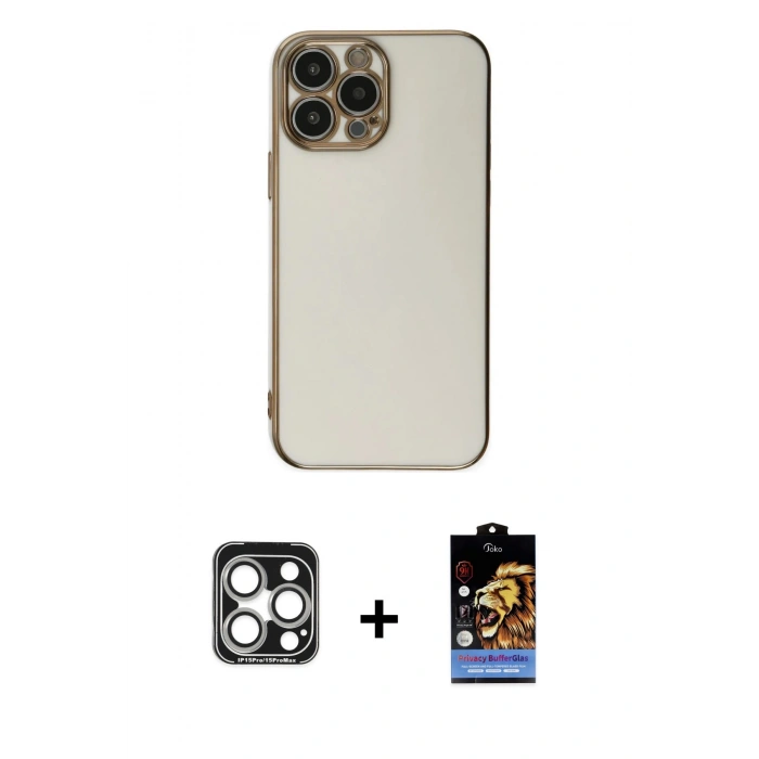 MARSİLYAN™- iPhone 15 Pro Max Kılıf Yankı Serisi - Siyah Buffer Hayalet Cam Ekran Koruyucu + Gümüş PVD Metal Kamera Lens