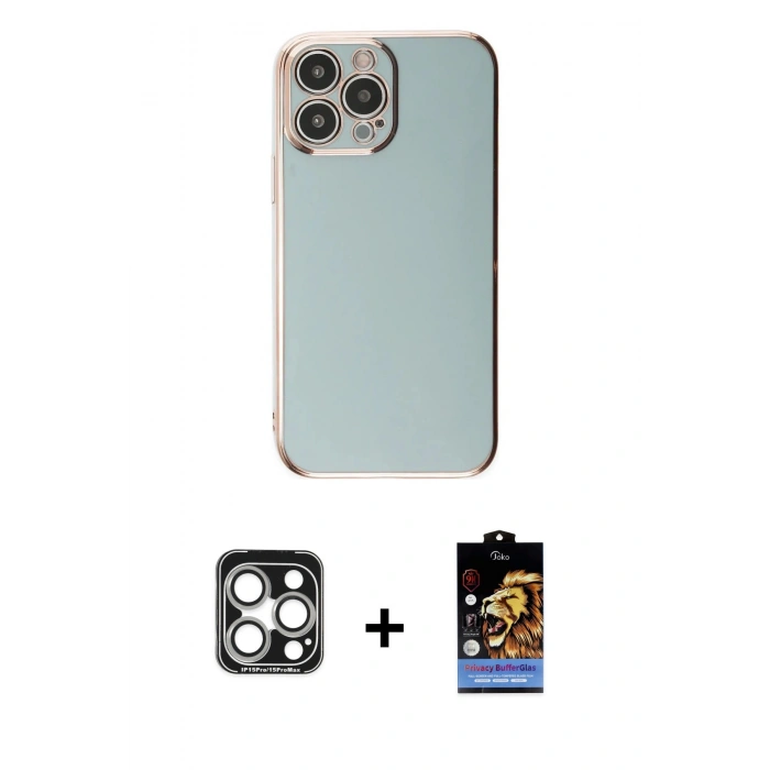 MARSİLYAN™- iPhone 15 Pro Max Kılıf Yankı Serisi - Siyah Buffer Hayalet Cam Ekran Koruyucu + Gümüş PVD Metal Kamera Lens