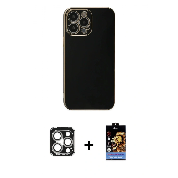 MARSİLYAN™- iPhone 15 Pro Max Kılıf Yankı Serisi - Siyah Buffer Hayalet Cam Ekran Koruyucu + Gümüş PVD Metal Kamera Lens