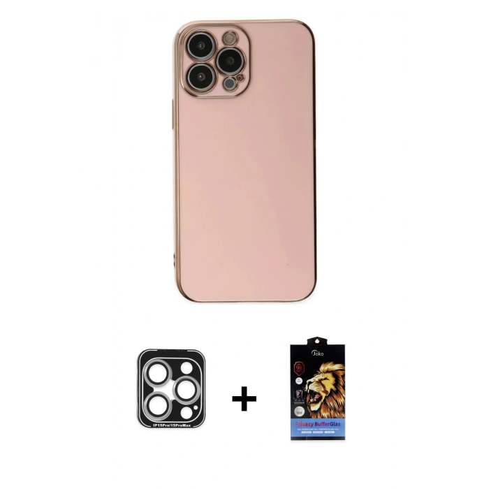 MARSİLYAN™- iPhone 15 Pro Max Kılıf Yankı Serisi - Siyah Buffer Hayalet Cam Ekran Koruyucu + Gümüş PVD Metal Kamera Lens