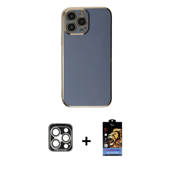 MARSİLYAN™- iPhone 15 Pro Max Kılıf Yankı Serisi - Siyah Buffer Hayalet Cam Ekran Koruyucu + Gümüş PVD Metal Kamera Lens