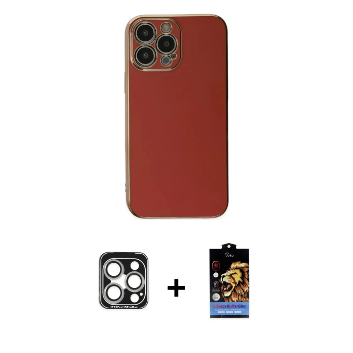 MARSİLYAN™- iPhone 15 Pro Max Kılıf Yankı Serisi - Siyah Buffer Hayalet Cam Ekran Koruyucu + Gümüş PVD Metal Kamera Lens
