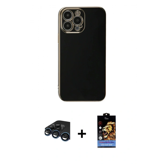 MARSİLYAN™- iPhone 15 Pro Max Kılıf Yankı Serisi - Siyah Buffer Hayalet Cam Ekran Koruyucu + Lacivert Raze Metal Kamera Lens