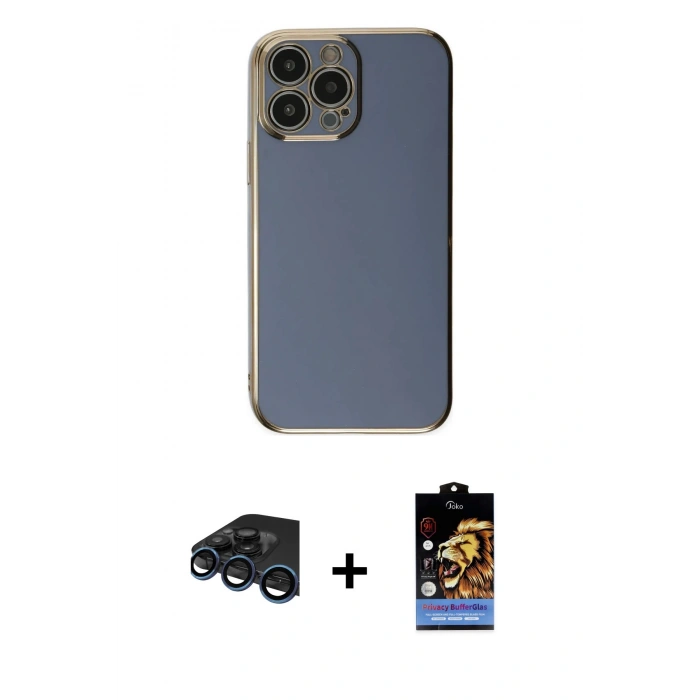 MARSİLYAN™- iPhone 15 Pro Max Kılıf Yankı Serisi - Siyah Buffer Hayalet Cam Ekran Koruyucu + Lacivert Raze Metal Kamera Lens